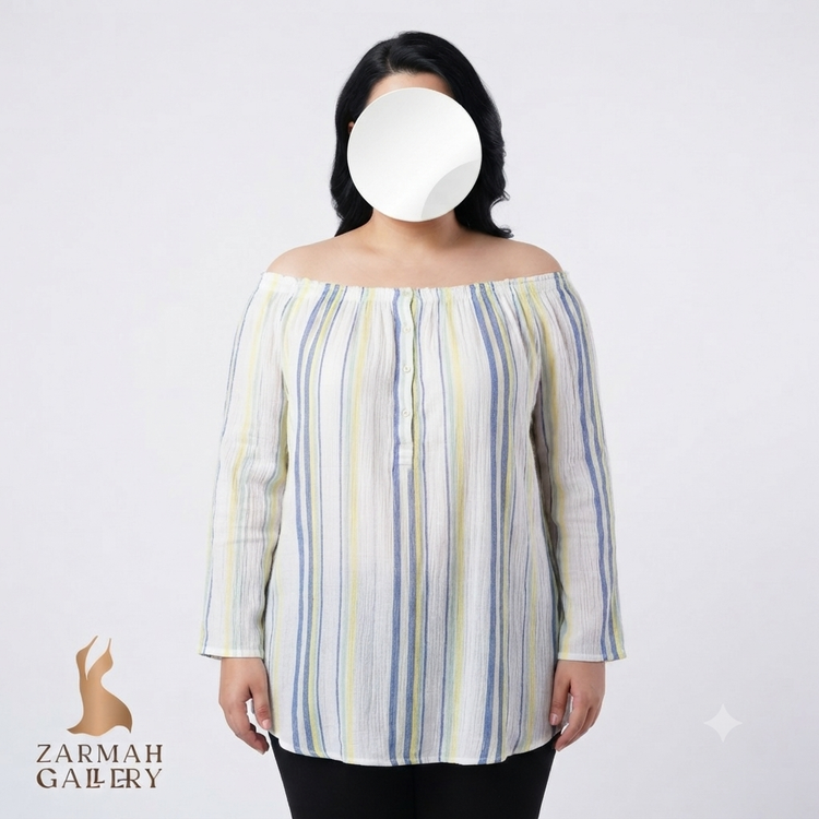 شومیز زنانه سایز بزرگ استوک وارداتی برند چاپس طرح راه راه رنگی با مدل یقه دکلته کشی مناسب استایل تابستانه