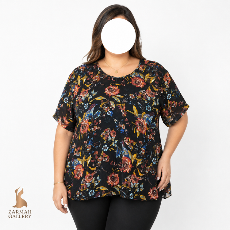 شومیز زنانه سایز بزرگ استوک وارداتی DR2 کد 3474 سایز 48-50 | شومیز مشکی گلدار با قیمت مناسب