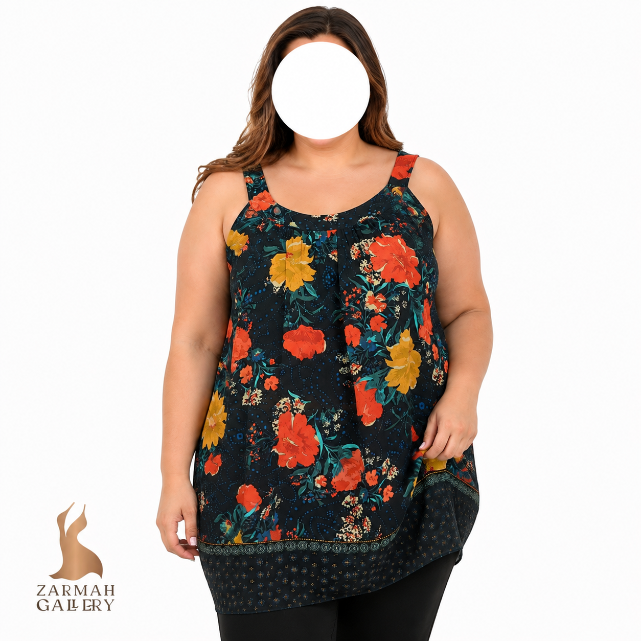 تاپ زنانه سایز بزرگ استوک اورجینال برند تورید طرح گل‌دار رنگ مشکی مناسب استایل تابستانه و روزمره