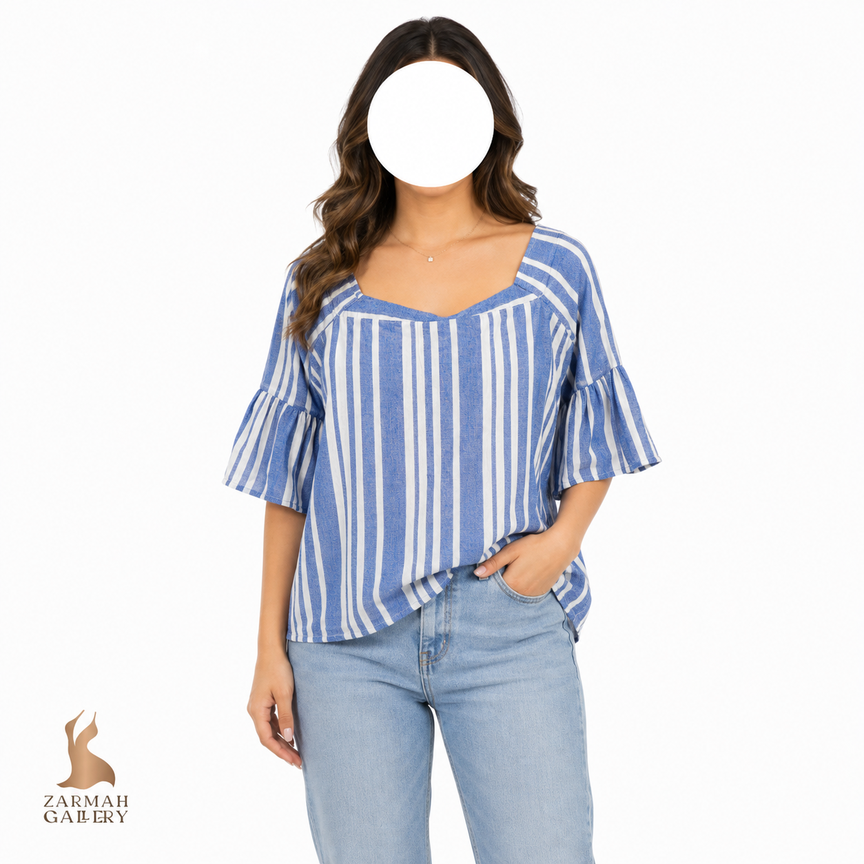 شومیز راه راه آبی و سفید زنانه استوک وارداتی برند کراون اند آیوی کد 3757 مناسب استایل روزمره و خنک تابستانی