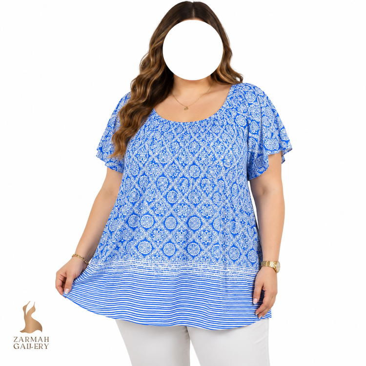 شومیز زنانه سایز بزرگ استوک وارداتی برند اونیو رنگ آبی و سفید طرح سنتی مناسب استایل تابستانه و روزمره
