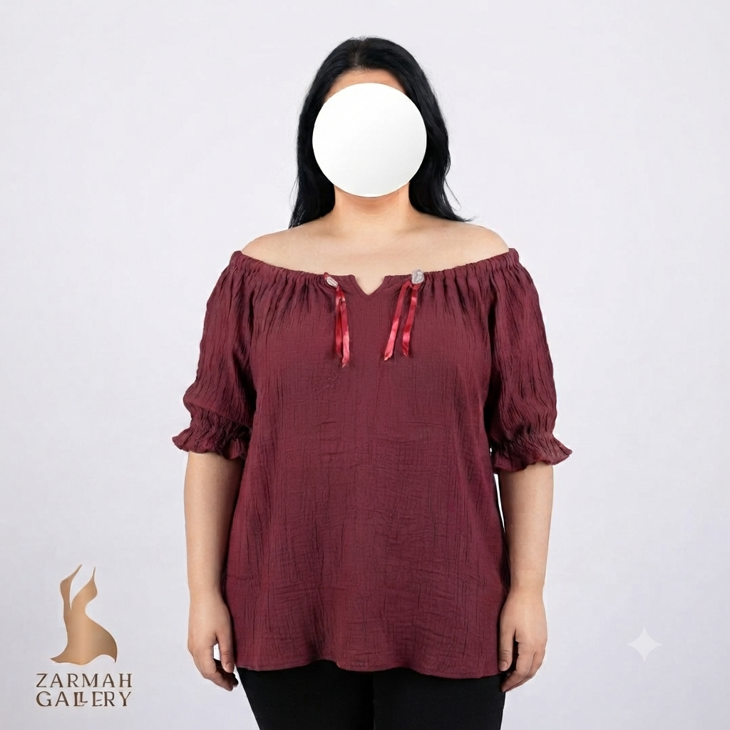 شومیز زنانه سایز بزرگ استوک وارداتی برند فلاک‌شاپ رنگ سرخابی مدل یقه باز با تزئین گل روبانی مناسب استایل تابستانه