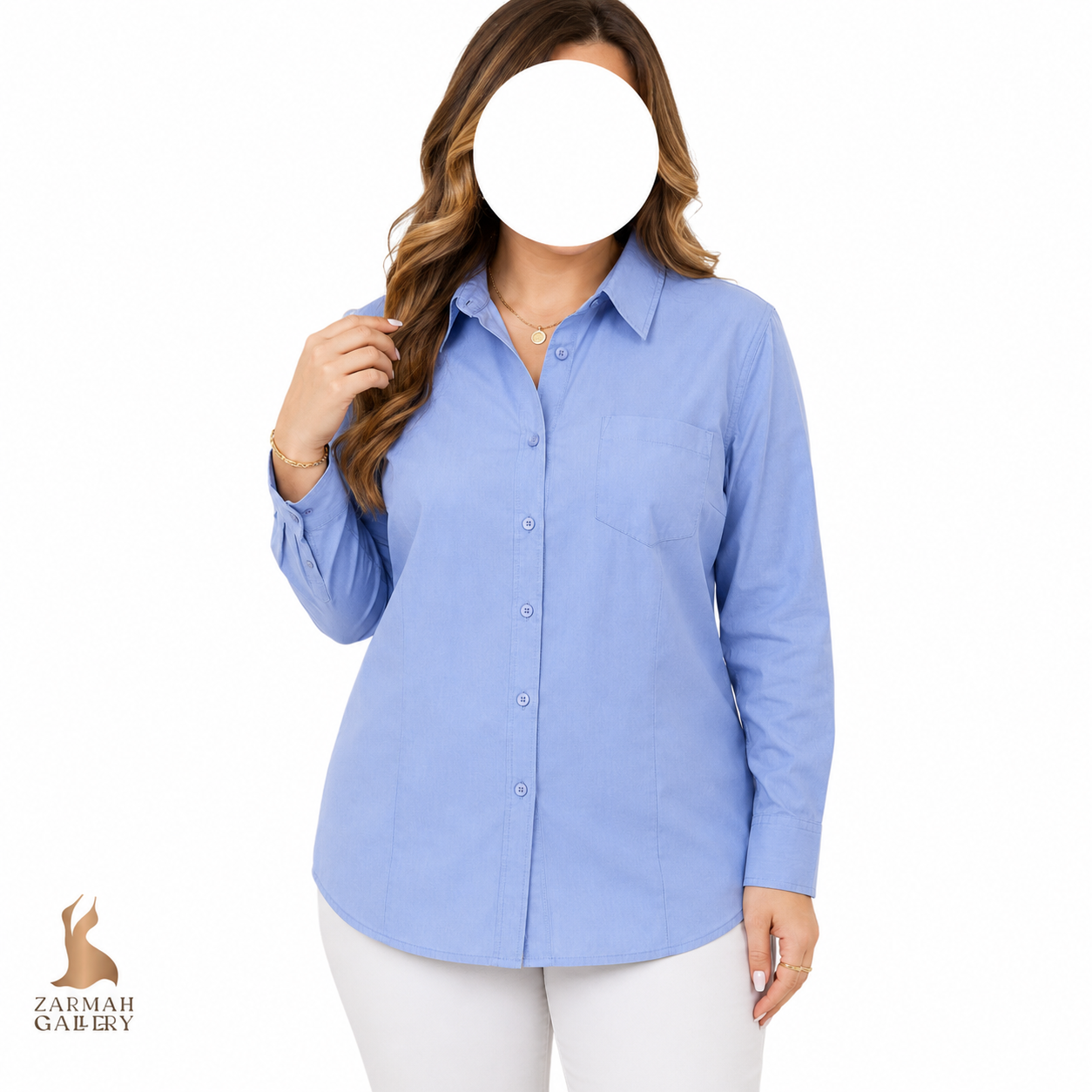 شومیز زنانه استوک وارداتی برند اکسپرس دیزاین استودیو رنگ آبی روشن مدل دکمه‌دار جیب‌دار مناسب استایل رسمی و روزمره در فروشگاه زرماه گالری