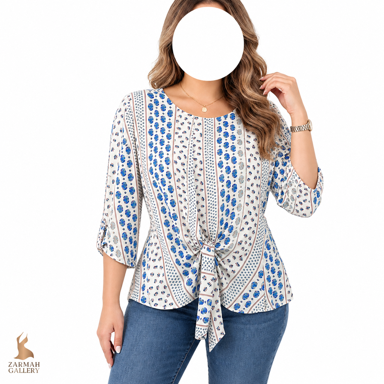 شومیز زنانه استوک وارداتی برند وینتیج آمریکا طرح سنتی آبی سفید مدل گرهدار در قسمت پایین مناسب استایل مجلسی و روزمره در فروشگاه زرماه گالری