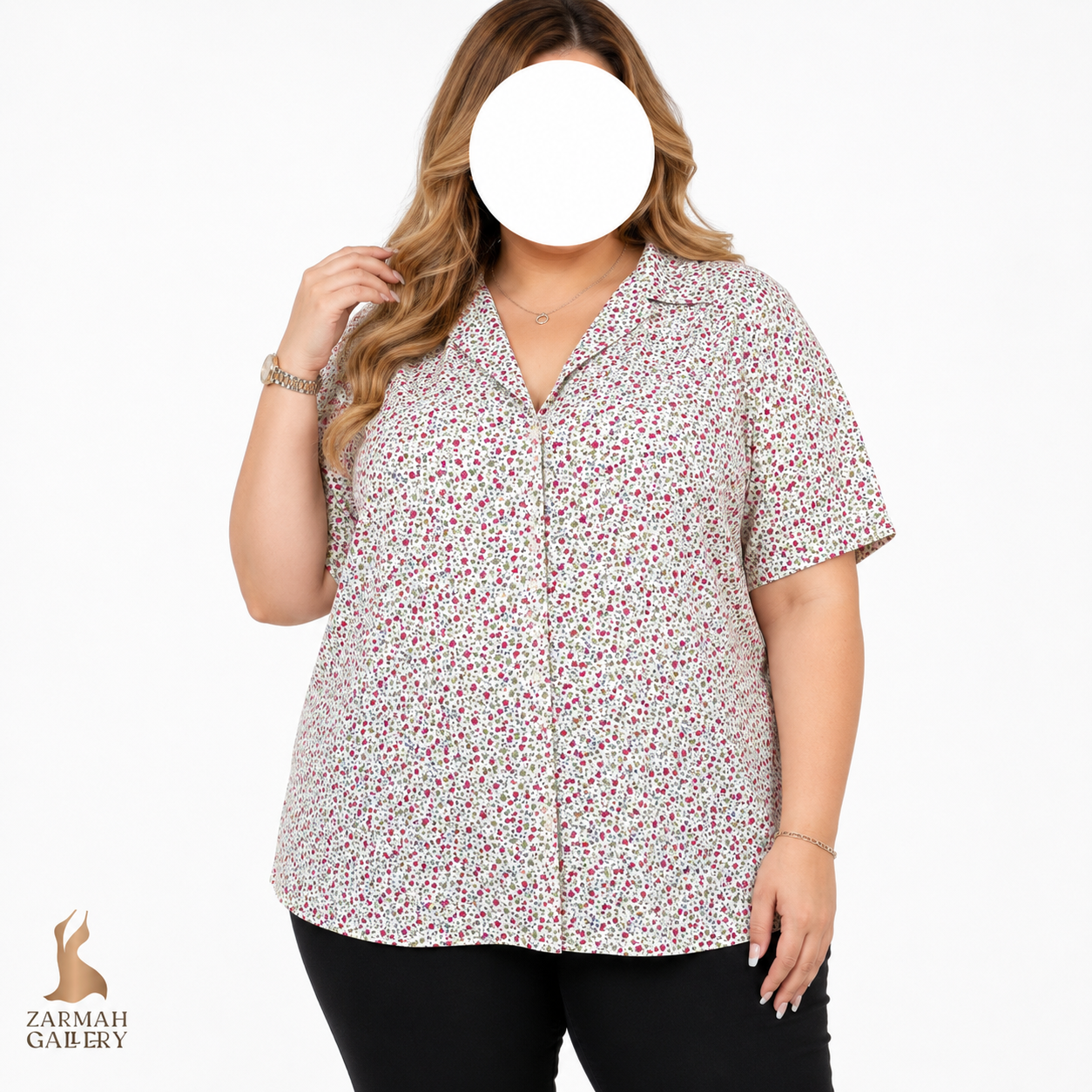 شومیز زنانه سایز بزرگ استوک وارداتی برند باب بروکس مدل گل‌دار ریز رنگ روشن یقه برگردان آستین کوتاه مناسب استایل تابستانه و روزمره
