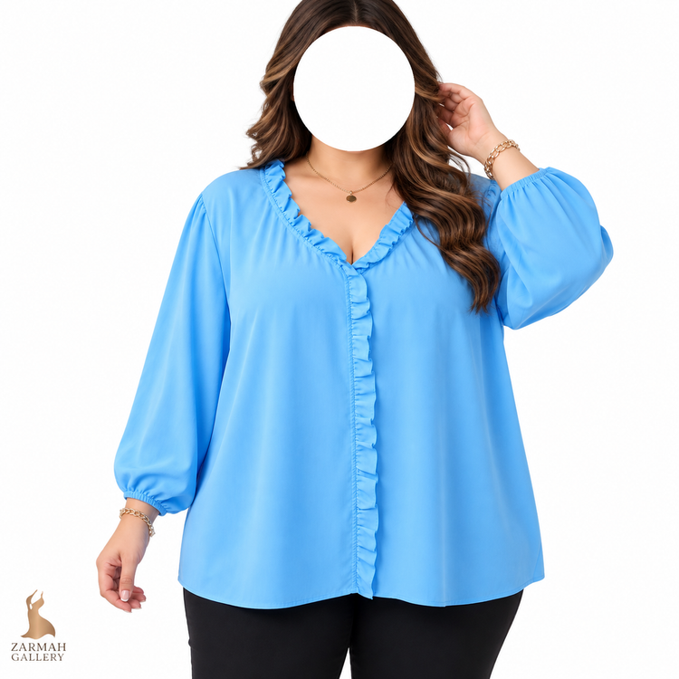 شومیز زنانه سایز بزرگ استوک وارداتی رنگ آبی روشن یقه و حاشیه چیندار سایز ۵۴-۵۶ مناسب استایل شیک و رسمی
