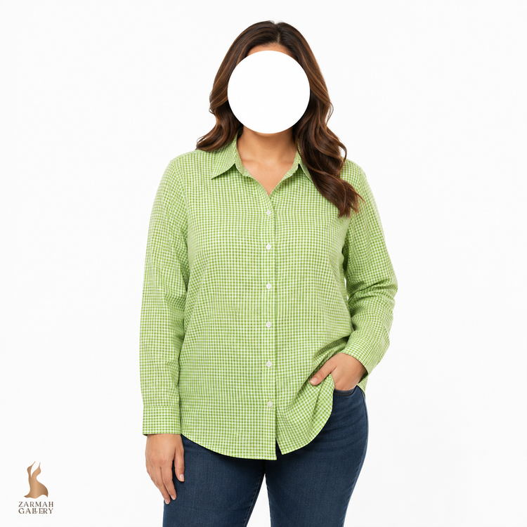 شومیز زنانه استوک وارداتی برند چاپس کلاسیک طرح چهارخانه سبز رنگ آستین بلند کد 3787 مناسب استایل روزمره و بهاری