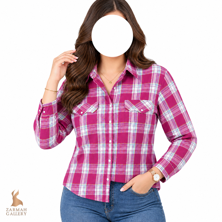 شومیز زنانه استوک اروپایی برند Wrangler طرح چهارخونه رنگ سرخابی و سفید سایز ۴۴ و ۴۶ مناسب استایل اسپرت و روزمره