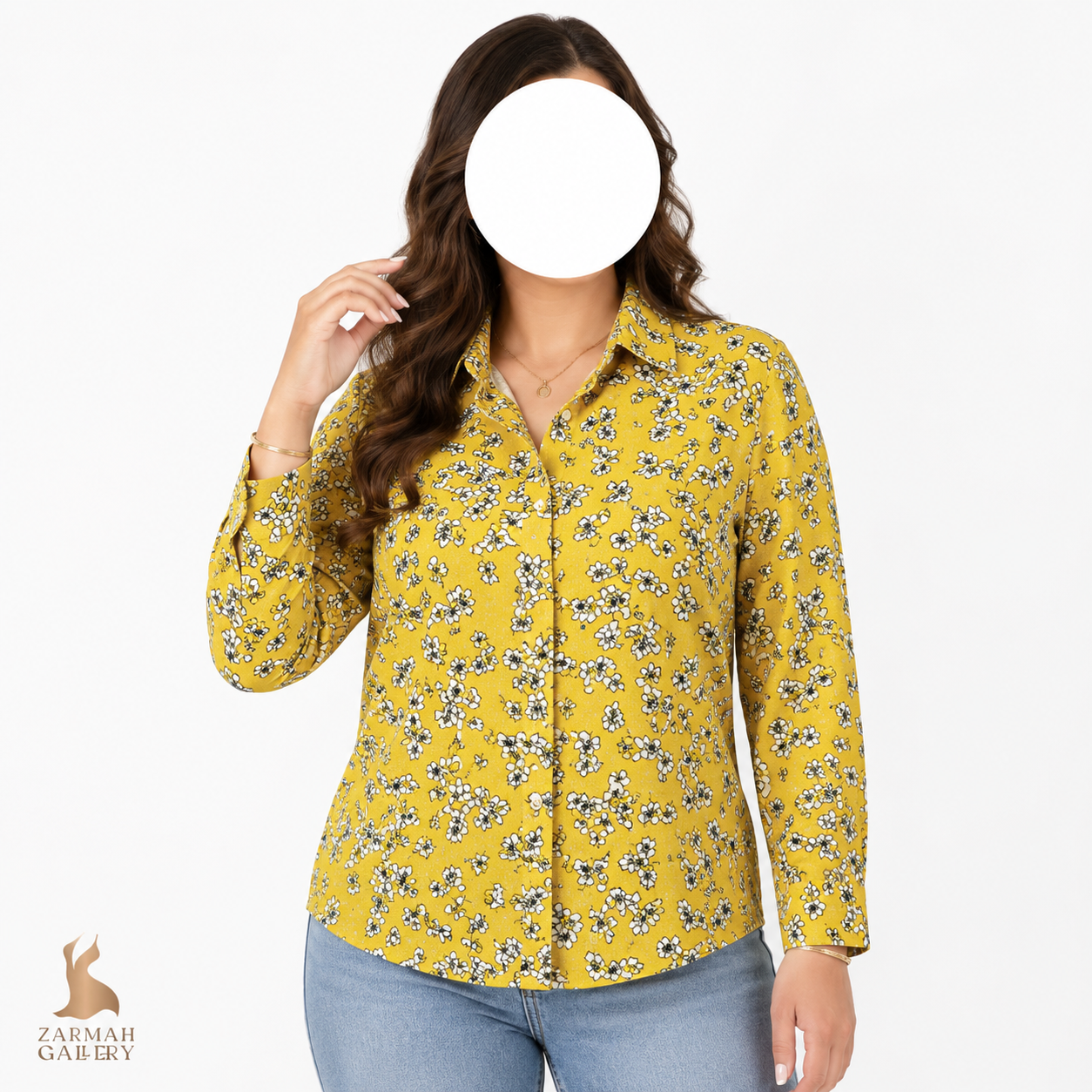 شومیز زنانه استوک اروپایی برند Banana Republic طرح گلدار رنگ خردلی و سفید سایز ۴۰ و ۴۲ مناسب استایل رسمی و روزمره