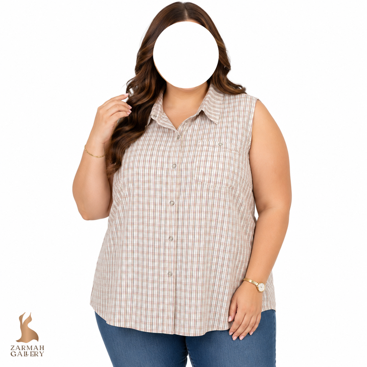 تاپ زنانه سایز بزرگ استوک اروپایی برند Old Navy طرح چهارخونه رنگ کرم و قهوهای سایز ۴۴ و ۴۶ مناسب استایل تابستانه و روزمره