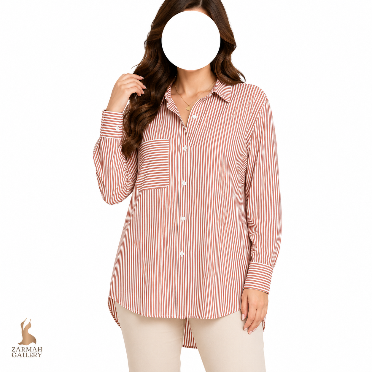 شومیز زنانه استوک وارداتی برند کاتو طرح راه راه قرمز و سفید آستین بلند جیب‌دار مناسب استایل روزمره و رسمی