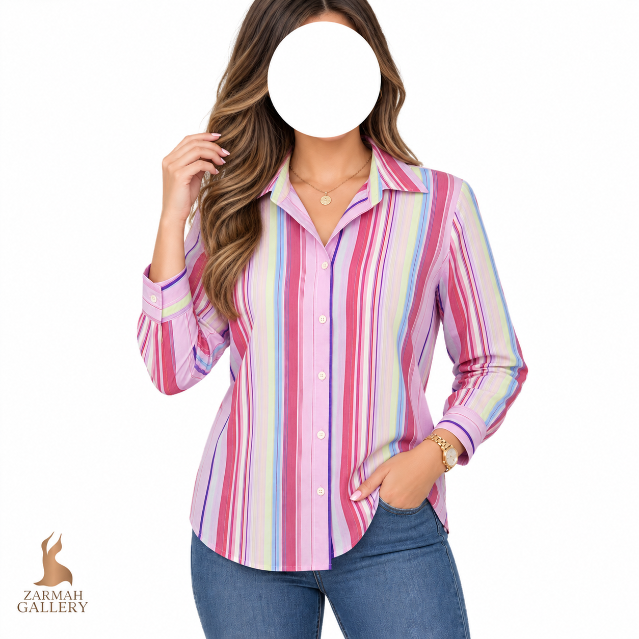 شومیز زنانه استوک وارداتی برند ون هیوزن طرح راه راه رنگی صورتی و سرخابی یقه مردانه آستین بلند مناسب استایل رسمی و روزمره
