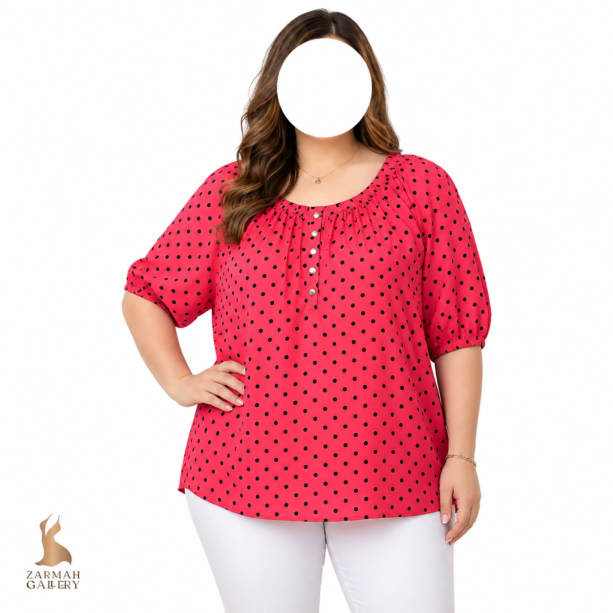 شومیز زنانه سایز بزرگ استوک وارداتی رنگ قرمز خال خالی مشکی سایز دو ایکس لارج مناسب استایل روزمره