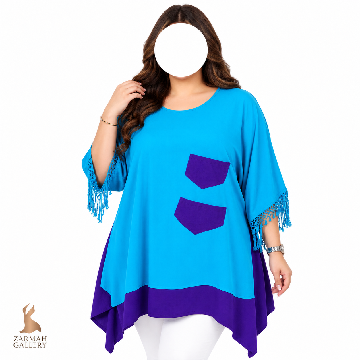 تونیک و شومیز زنانه سایز بزرگ استوک رنگ آبی و بنفش دارای جیب و آستین منگوله‌دار مناسب استایل تابستانی و روزمره