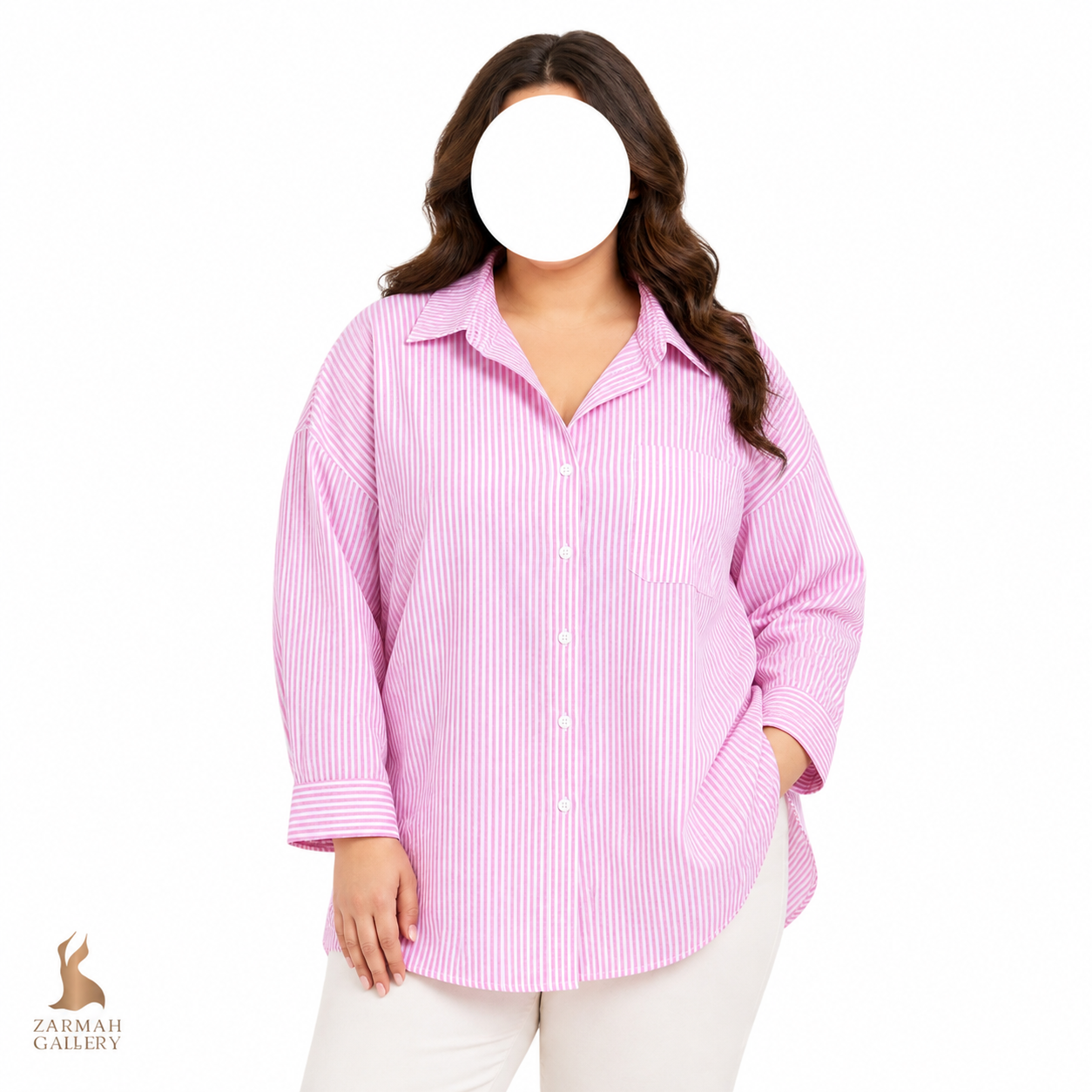 شومیز زنانه راه راه صورتی و سفید سایز بزرگ استوک برند اینولند آستین بلند جیبدار مناسب استایل تابستانی و روزمره