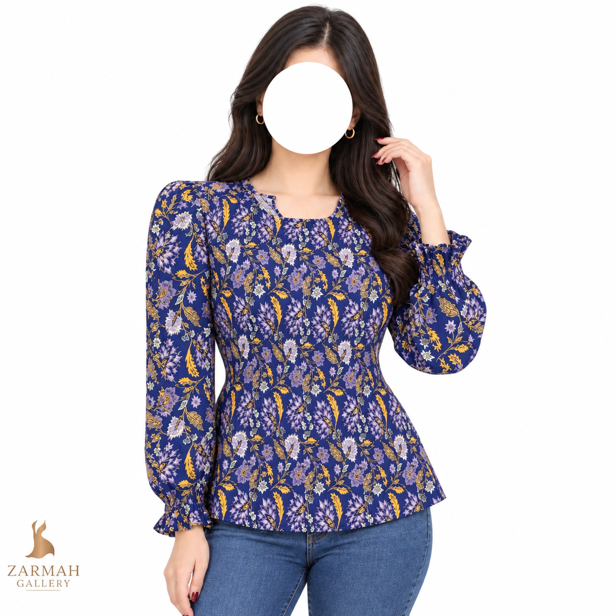 شومیز زنانه استوک وارداتی برند یونیورسال ترد طرح گل‌دار سرمه‌ای مناسب استایل روزمره و مجلسی