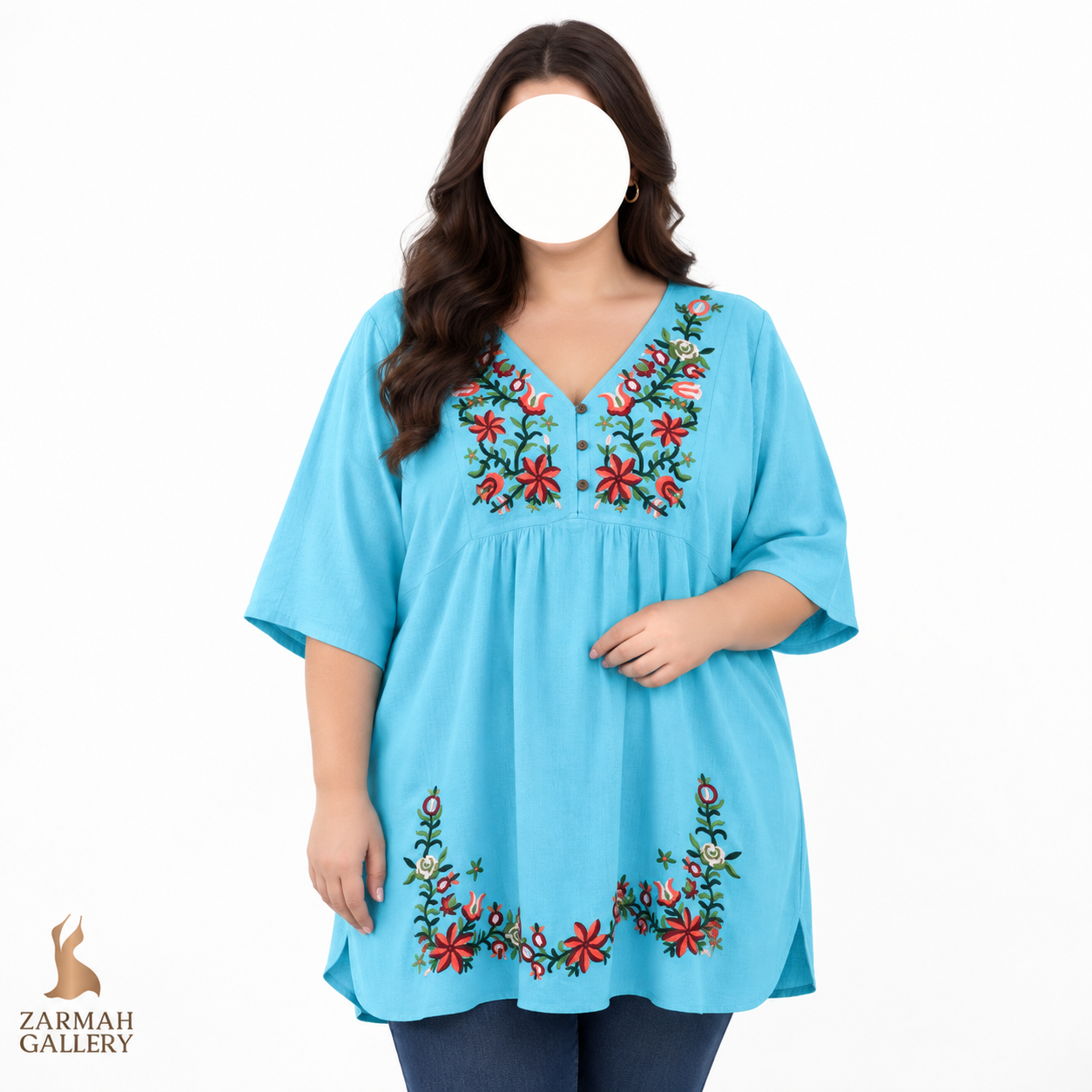 شومیز آبی زنانه استوک وارداتی طرح گلدوزی سنتی سایز بزرگ مناسب استایل تابستانه و روزمره