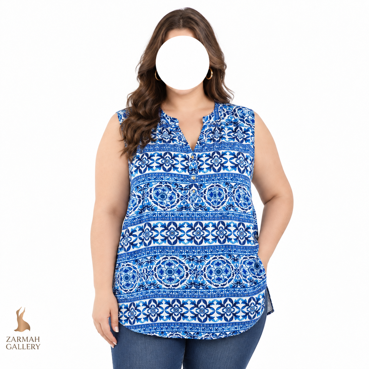 تاپ زنانه استوک وارداتی برند کرفت اند بارو طرح سنتی آبی و سفید سایز بزرگ مناسب استایل تابستانه