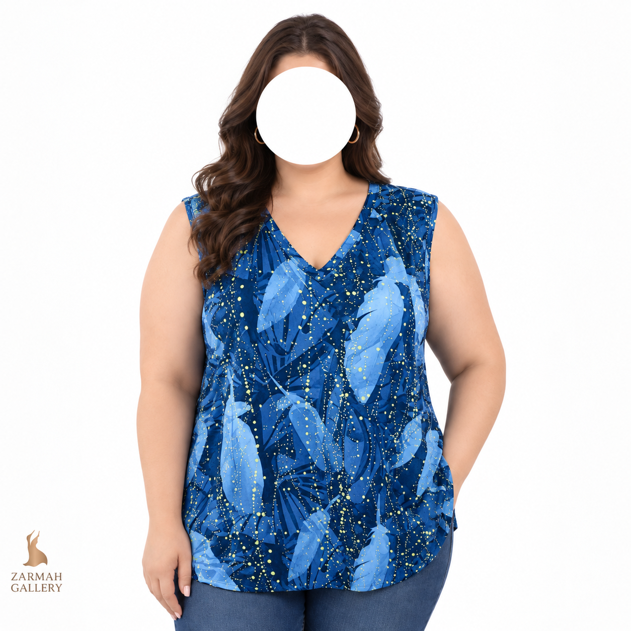 تاپ زنانه استوک وارداتی طرح برگ و کهکشانی آبی رنگ سایز بزرگ مناسب استایل تابستانه و روزمره