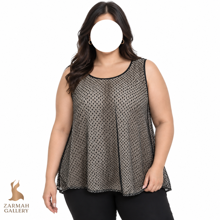 تاپ زنانه استوک وارداتی برند کلدواتر کریک طرح توری و مشکی کرم سایز بزرگ مناسب استایل مجلسی و شیک