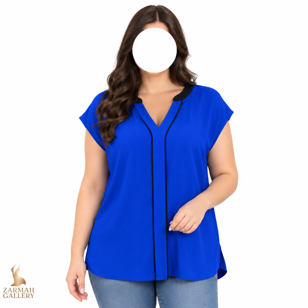 تاپ زنانه استوک وارداتی رنگ آبی کاربنی با نوار مشکی دور یقه کد ۲ مناسب استایل رسمی و مهمانی