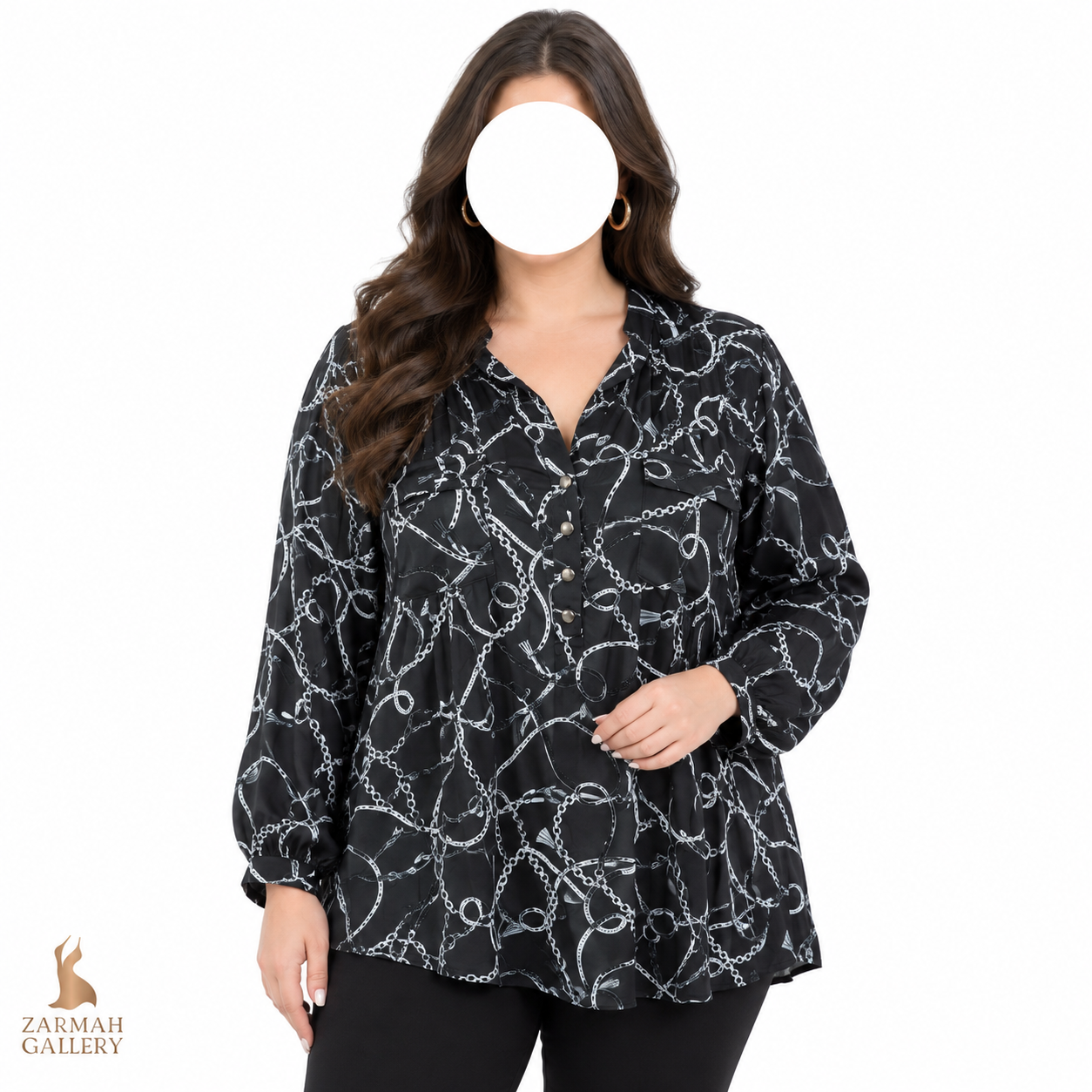 شومیز زنانه سایزبزرگ استوک وارداتی برند کوکومو طرح زنجیری مشکی و سفید آستین‌بلند سایز ۴۸ و ۵۰ مناسب استایل مجلسی و روزمره