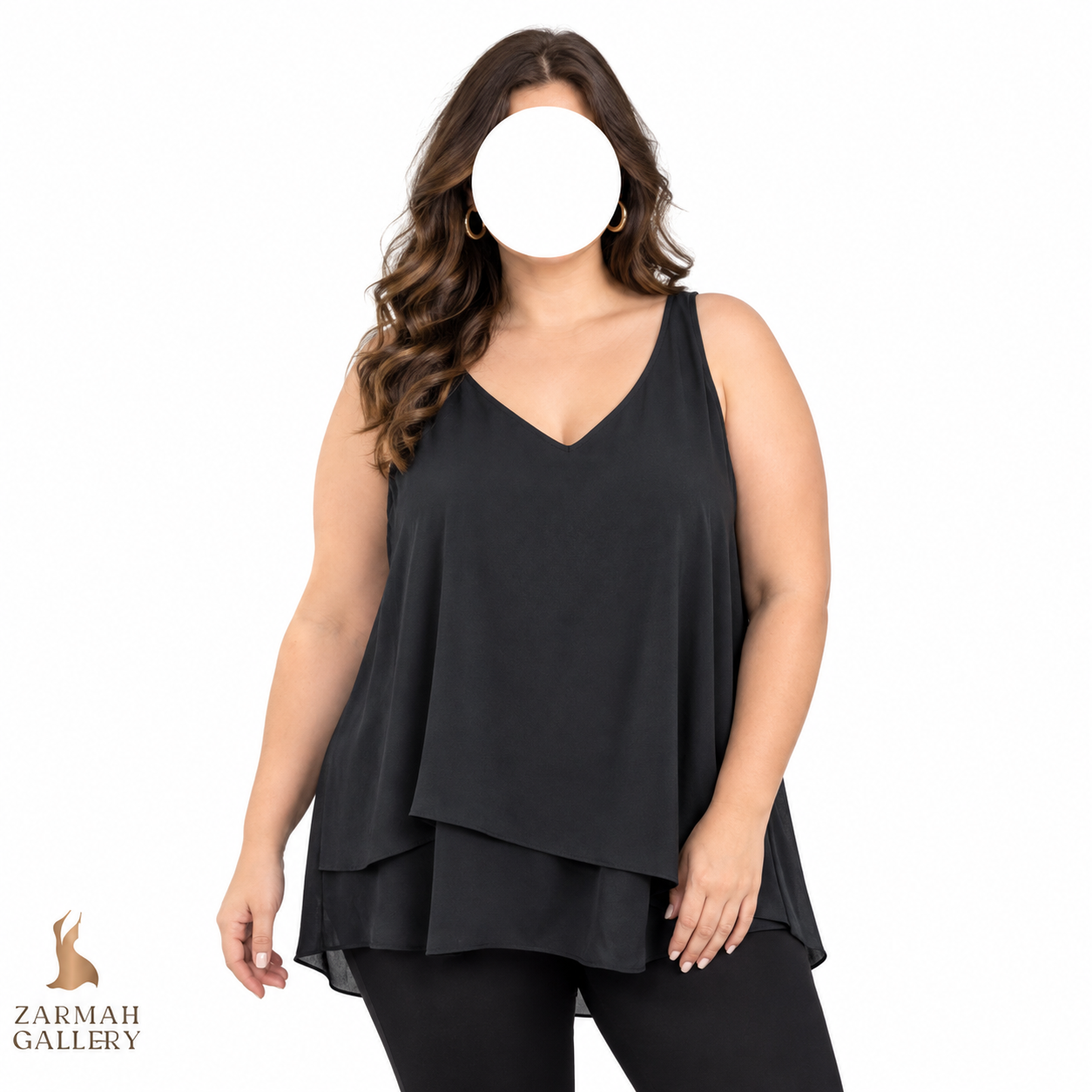 تاپ زنانه سایز بزرگ استوک وارداتی برند پرمیس استودیو مشکی رنگ مدل دو لایه دنباله‌دار مناسب استایل مجلسی و شیک