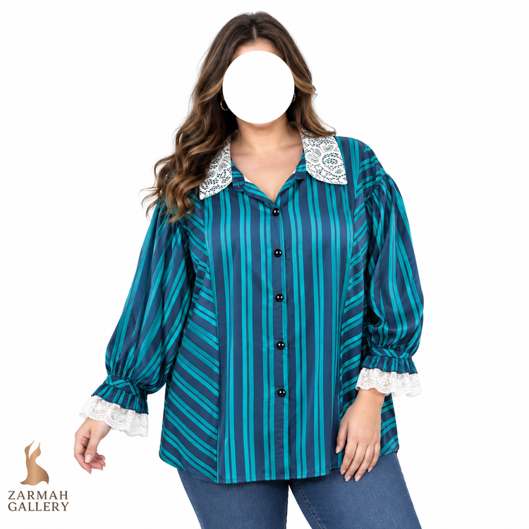شومیز زنانه سایز بزرگ استوک وارداتی طرح راه راه سبز و سرمهای یقه گیپور کد 2 مناسب استایل رسمی و مجلسی