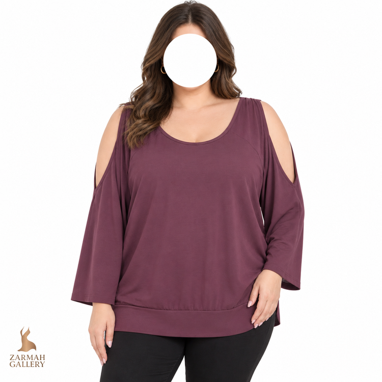 بلوز مجلسی و آزاد زنانه سایز بزرگ استوک اروپایی برند لین برایانت (Lane Bryant) آستینبلند سرشانه باز رنگ بادمجانی سایز ۵۶-۵۸