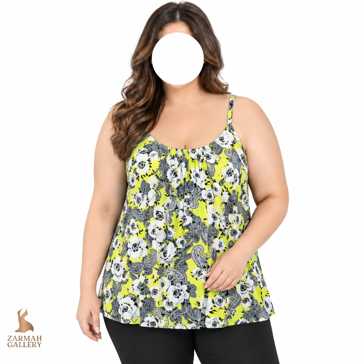 تاپ رکابی زنانه استوک اروپایی برند تورید (Torrid) طرح گل‌دار رنگ زرد و مشکی سایز ۴۶-۴۸ مناسب فصل تابستان