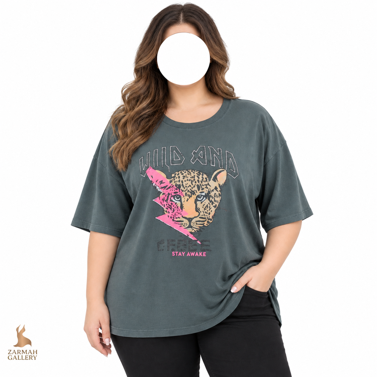تیشرت اسپرت زنانه سایزبزرگ برند شین رنگ طوسی با طرح گرافیکی پلنگ مناسب استایل روزمره