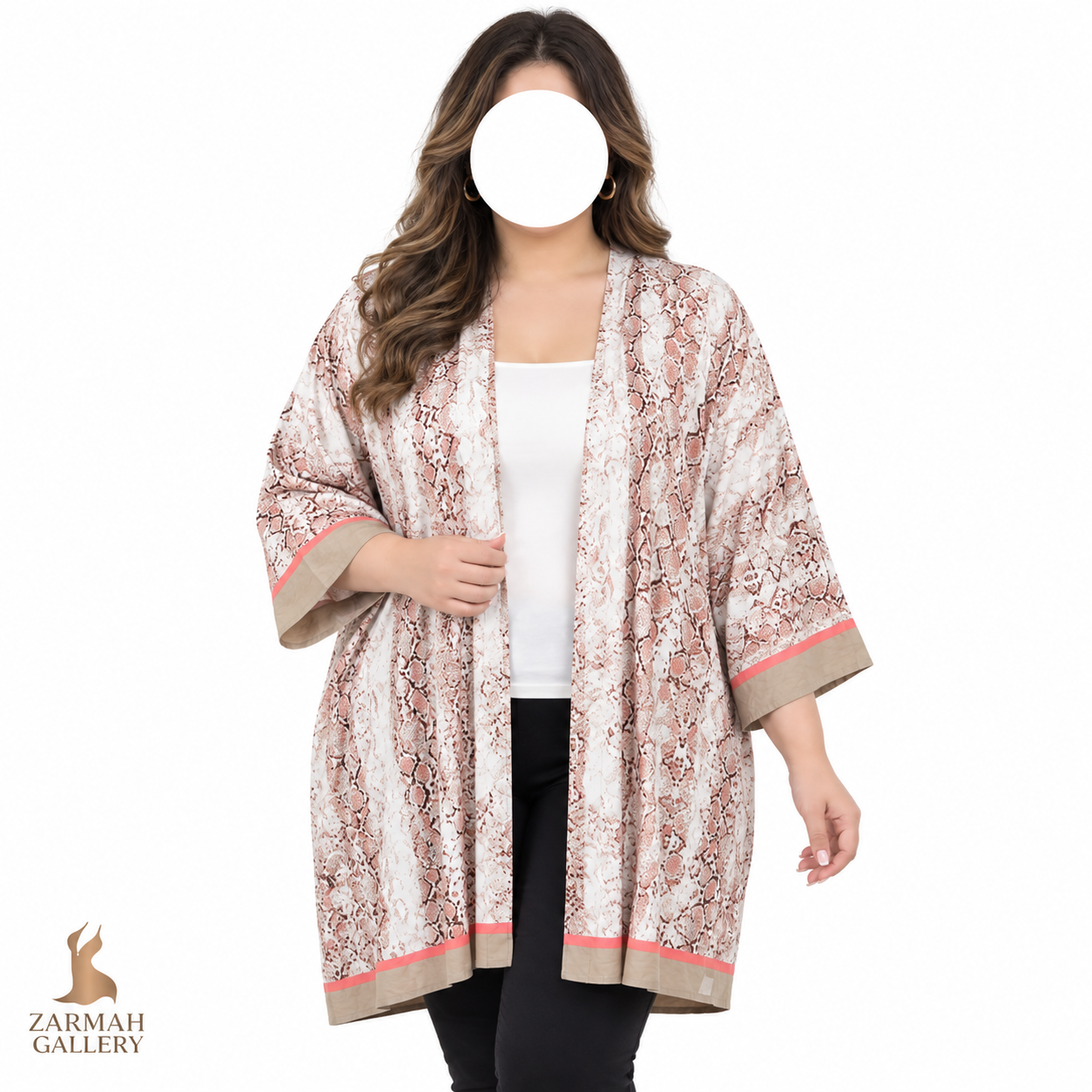 شومیز رویه زنانه سایز بزرگ طرح پوست ماری رنگ کرم صورتی مدل کیمونو آزاد وارداتی