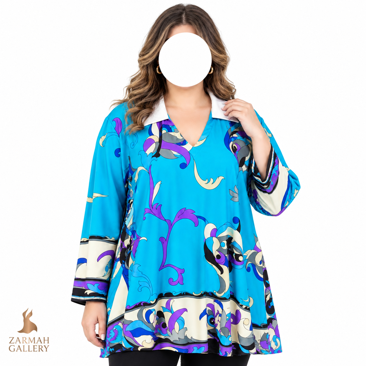 شومیز زنانه سایز بزرگ طرح‌دار آبی یقه سفید وارداتی مدل مجلسی شیک مناسب استایل خاص