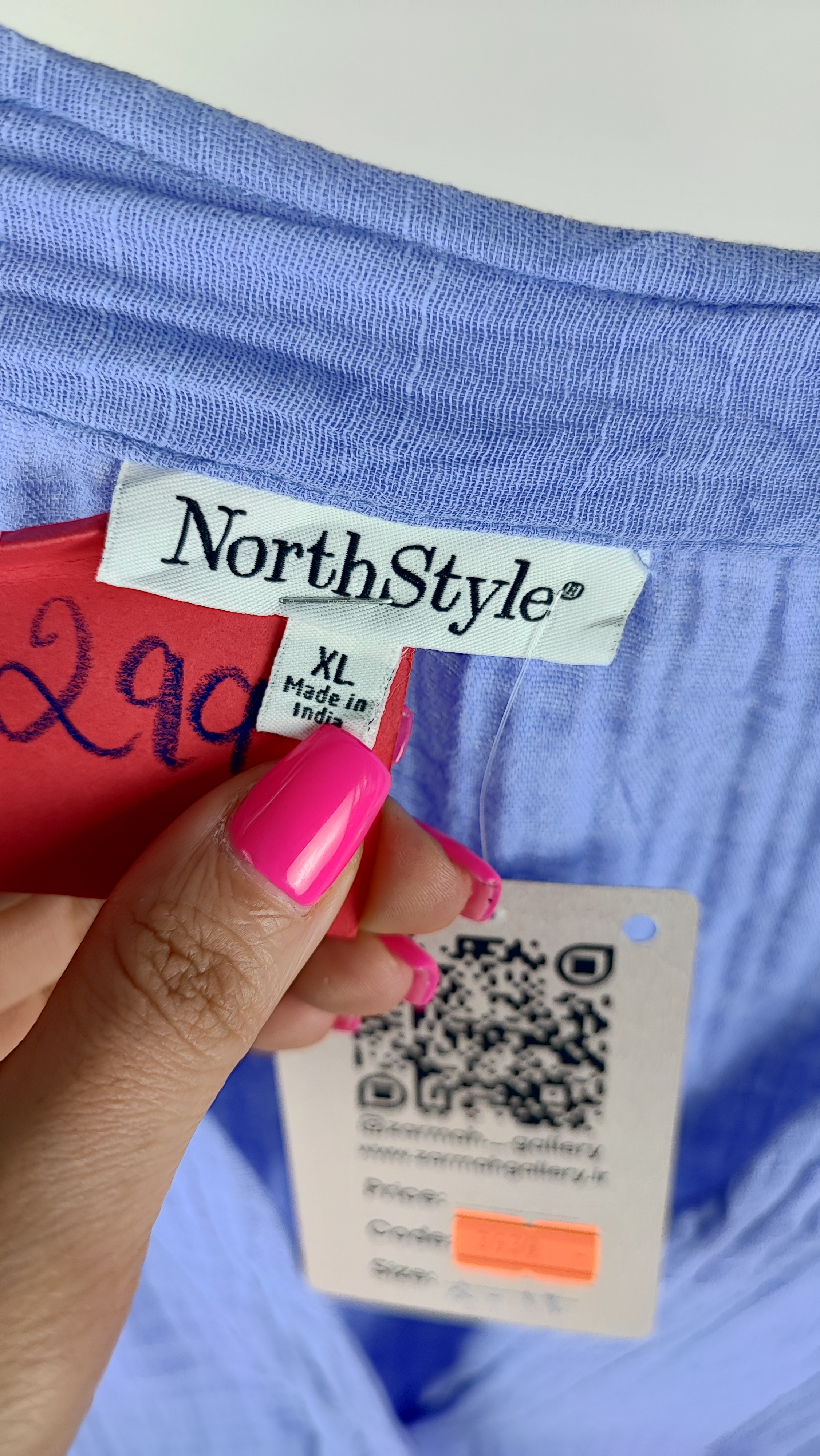 شومیز نخی زنانه سایز بزرگ وارداتی گرید A برند نورث استایل (NorthStyle) رنگ آبی روشن جیبدار اسپرت و راحتی