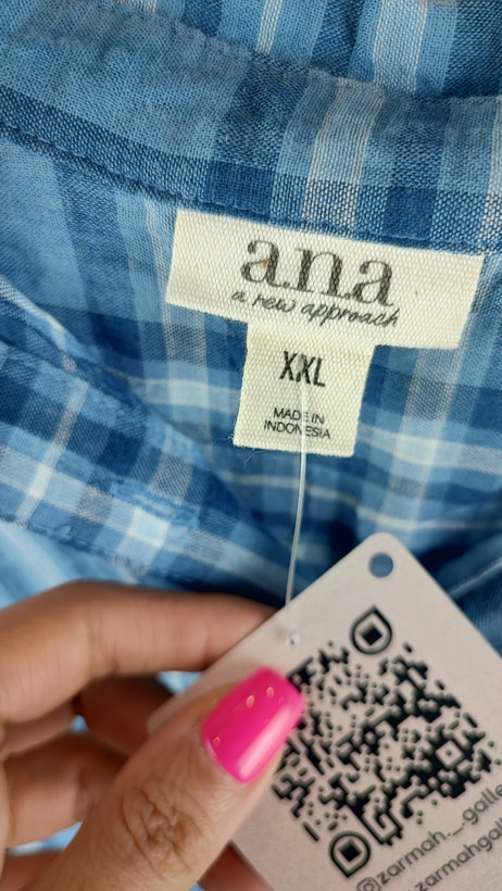 شومیز چهارخانه زنانه سایز بزرگ استوک وارداتی برند ana رنگ آبی مناسب استایل روزمره و بهاره