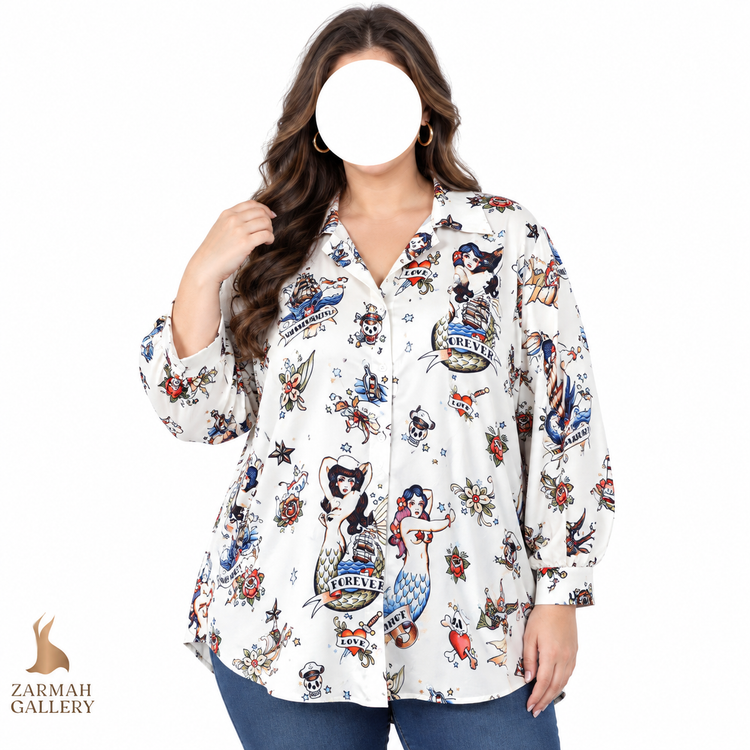 شومیز زنانه سایز بزرگ استوک وارداتی طرح دار پری دریایی رنگ سفید مشکی مناسب استایل لش و راحت