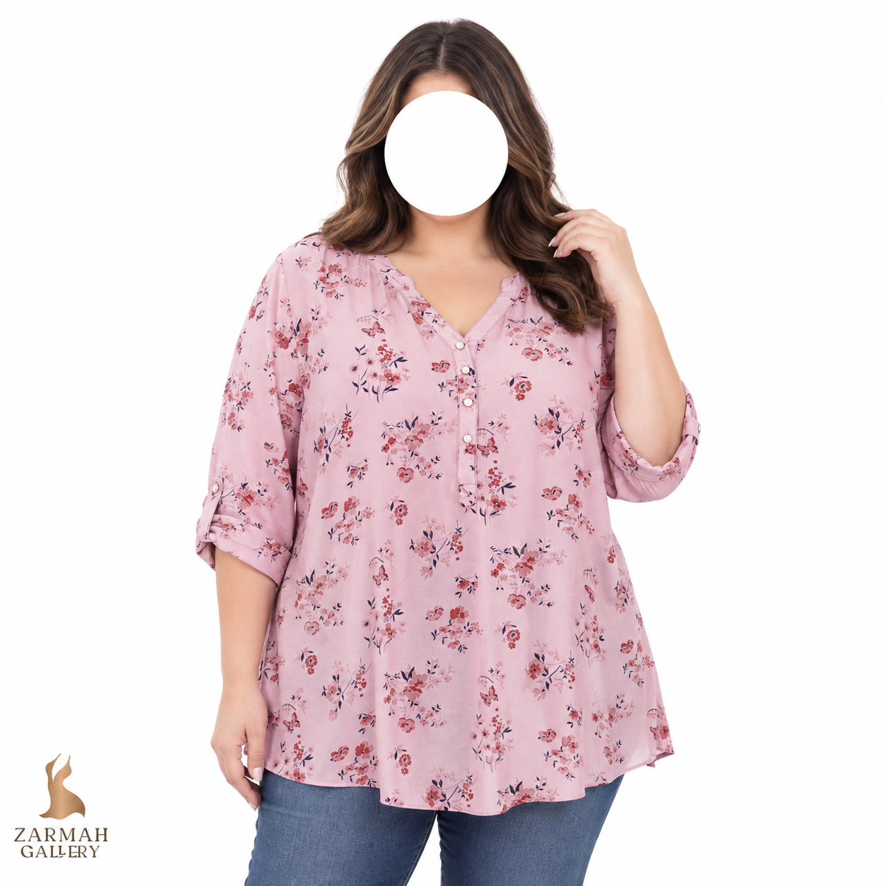 شومیز زنانه استوک اروپایی برند دوروچی طرح گل‌دار رنگ صورتی ملایم آستین سه‌ربع مناسب استایل بهاره و تابستانه