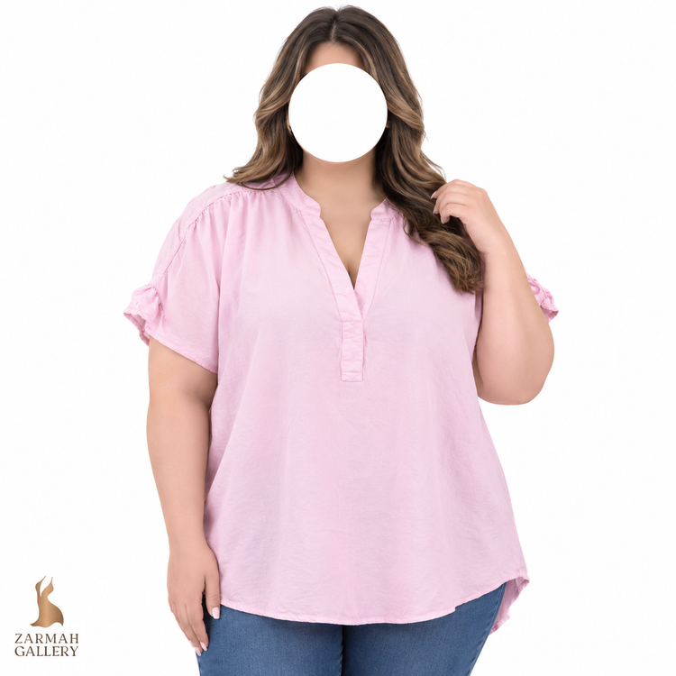 شومیز زنانه سایز بزرگ استوک وارداتی برند کراون اند آیوی رنگ صورتی ملایم یقه هفت آستین چیندار مناسب استایل بهاره و تابستانه