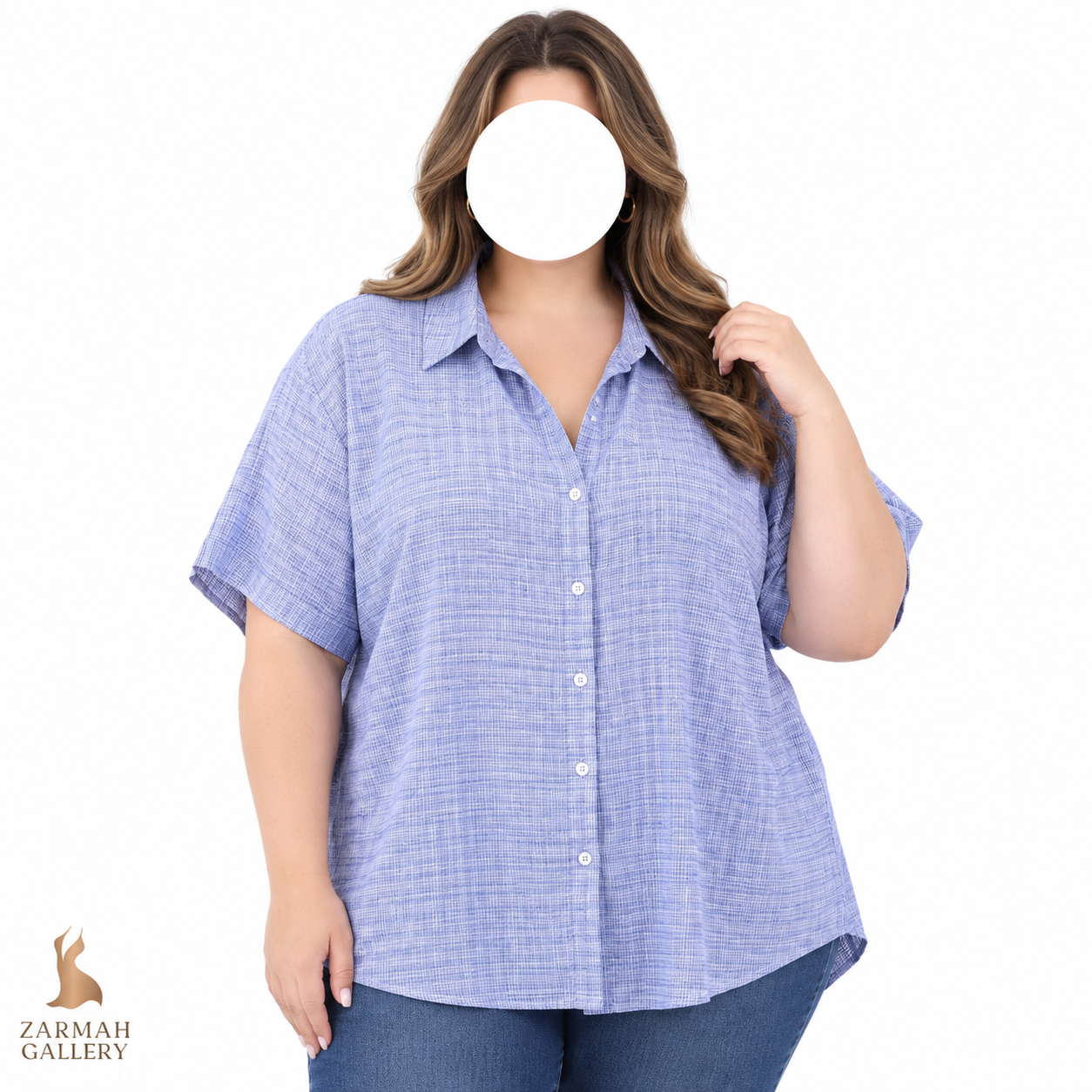 شومیز زنانه سایز بزرگ استوک وارداتی برند درس‌بارن رنگ آبی طرح‌دار آستین کوتاه مناسب استایل روزمره و بهاره