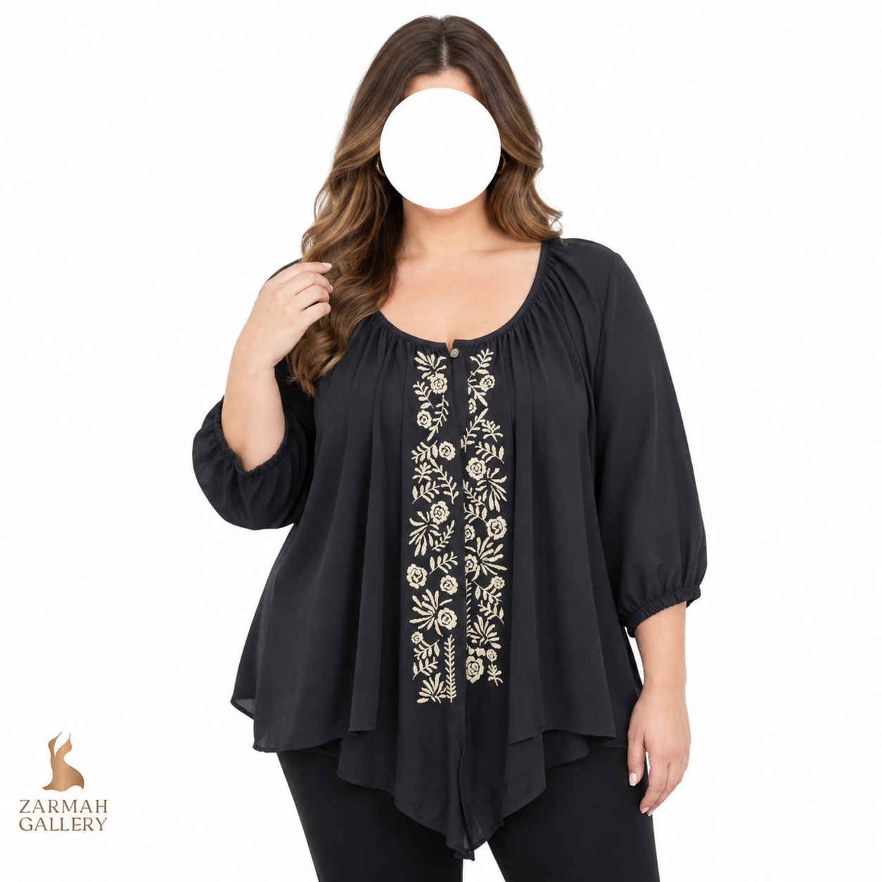 شومیز زنانه مجلسی سایز بزرگ مشکی برند Style&Co با طرح گلدوزی روی سینه مناسب استایل خاص