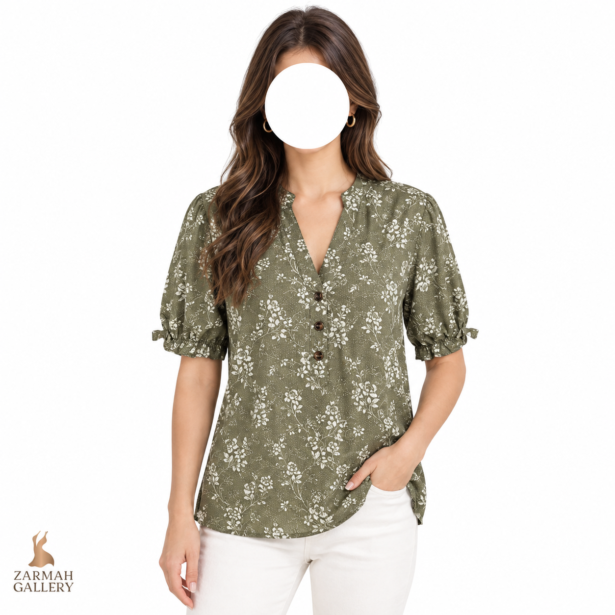 شومیز زنانه استوک وارداتی رنگ زیتونی با طرح گل‌دار سفید و آستین پفی کد 3599 مناسب استایل رسمی و نیمه‌رسمی
