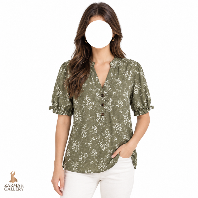 شومیز زنانه استوک وارداتی رنگ زیتونی با طرح گلدار سفید و آستین پفی کد 3599 مناسب استایل رسمی و نیمهرسمی