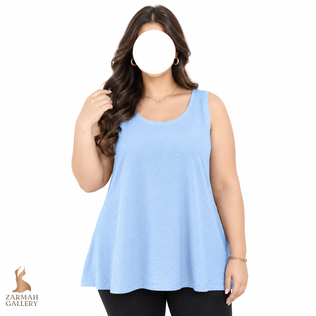 تاپ زنانه سایز بزرگ استوک وارداتی برند کالیا رنگ آبی روشن با بافت تنفسی مناسب ورزش و استایل روزمره