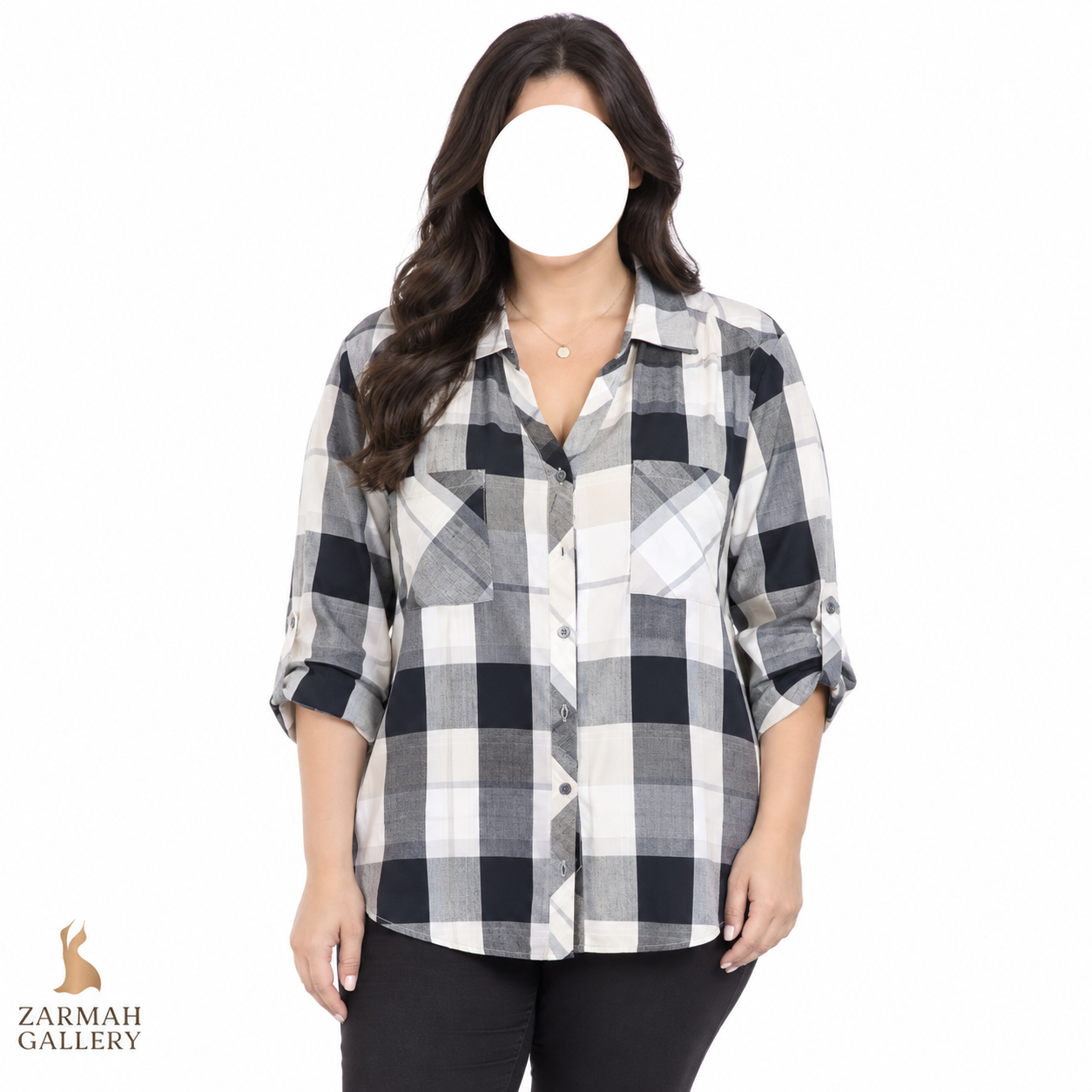 شومیز زنانه سایز بزرگ استوک چهارخانه مشکی و سفید برند اونیو کد 3924 مناسب استایل اسپرت و روزمره