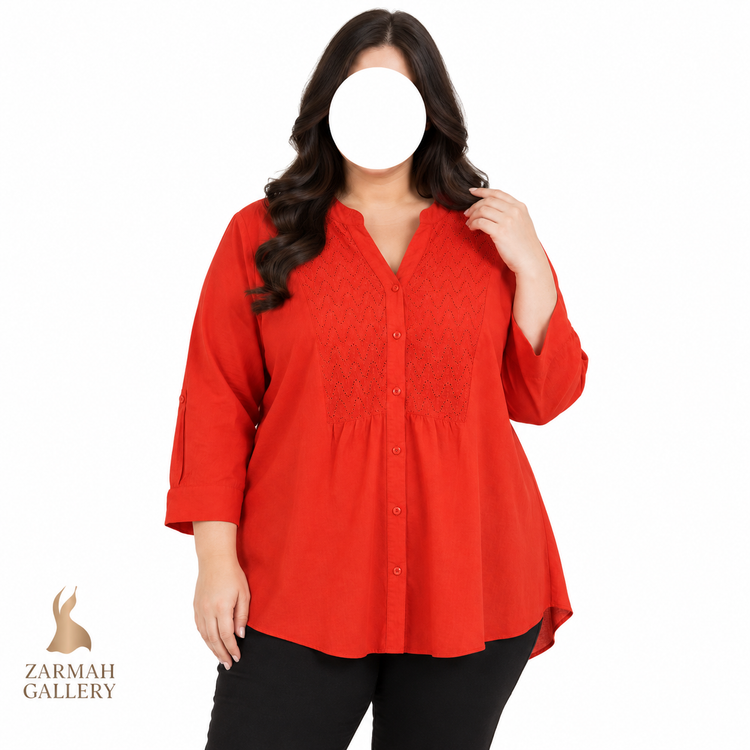 شومیز زنانه سایز بزرگ قرمز رنگ استوک وارداتی برند است جانز بی مناسب استایل روزمره و رسمی