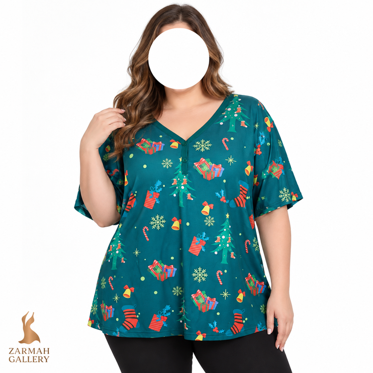 تیشرت زنانه سایز بزرگ طرح کریسمس سبز رنگ استوک وارداتی برند اکوئائر مناسب استایل خانگی و راحتی