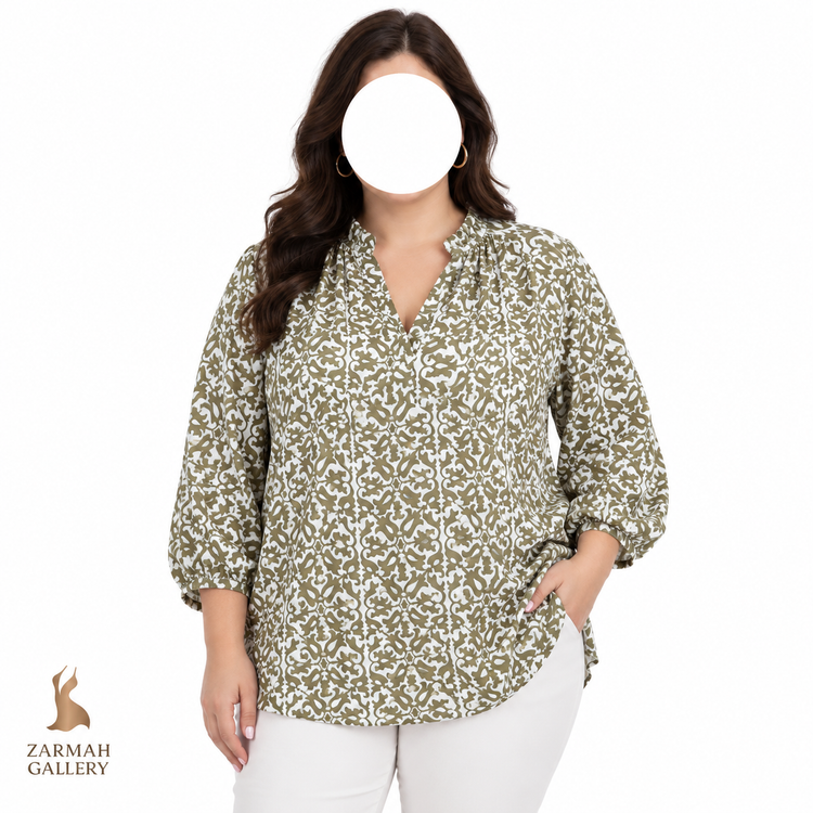 شومیز زنانه سایز بزرگ طرح سنتی زیتونی و سفید برند لوفت مناسب استایل روزمره و نیمهرسمی
