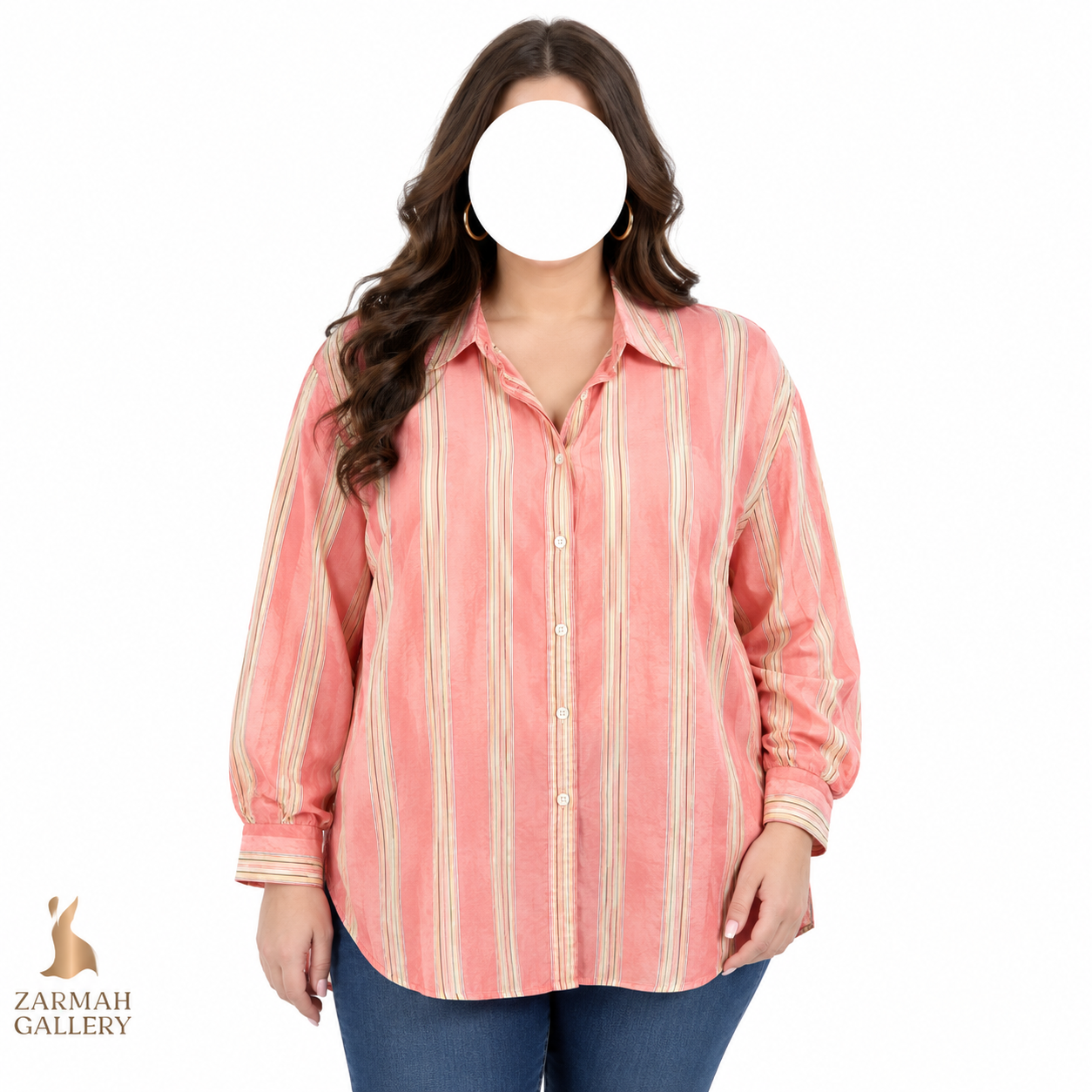 شومیز زنانه سایز بزرگ استوک راه راه برند لیز کلیبورن رنگ صورتی مناسب استایل روزمره همراه با تصویر ایراد زدگی لباس